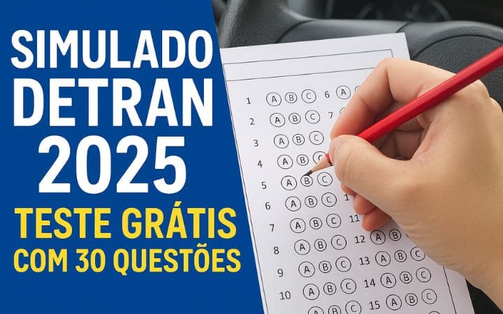 Simulado Detran 2025 gratuito com 30 questões atualizadas. Teste sua preparação para a prova teórica com exercícios de direção defensiva, primeiros socorros e legislação de trânsito.